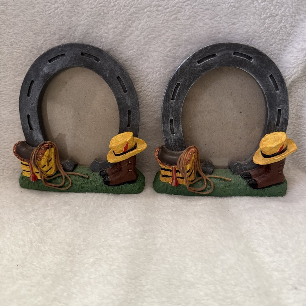 2 Russ Berrie Handpainted Photo Frame 4.75"x4.25" Horseshoe Western Cowboy Horse